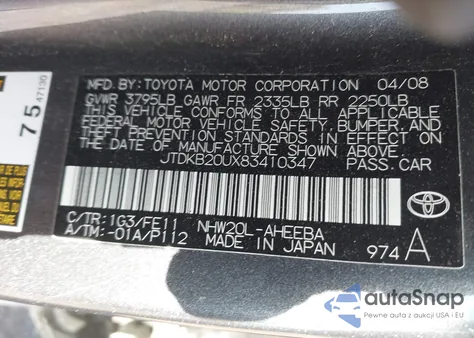 2008 Toyota Prius из США, поврежденный, VIN JTDKB20UX83410347